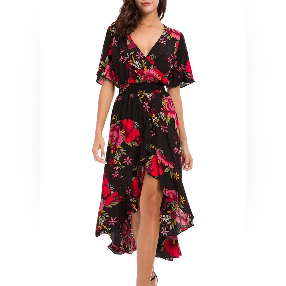 NWT KorMei high low black floral wrap dress